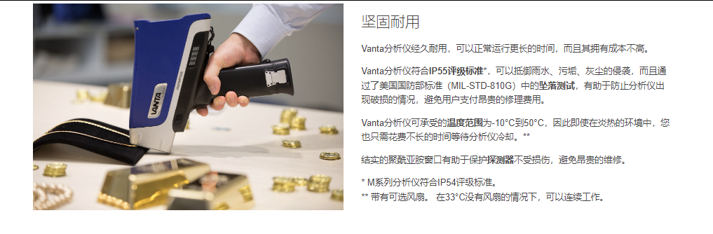 坚固耐用 Vanta分析仪经久耐用，可以正常运行更长的时间，而且其拥有成本不高。  Vanta分析仪符合IP55评级标准*，可以抵御雨水、污垢、灰尘的侵袭，而且通过了美国国防部标准（MIL-STD-810G）中的坠落测试，有助于防止分析仪出现破损的情况，避免用户支付昂贵的修理费用。  Vanta分析仪可承受的温度范围为-10°C到50°C，因此即使在炎热的环境中，您也只需花费不长的时间等待分析仪冷却。**  结实的聚酰亚胺窗口有助于保护探测器不受损伤，避免昂贵的维修。  * M系列分析仪符合IP54评级标准。 ** 带有可选风扇。 在33°C没有风扇的情况下，可以连续工作。